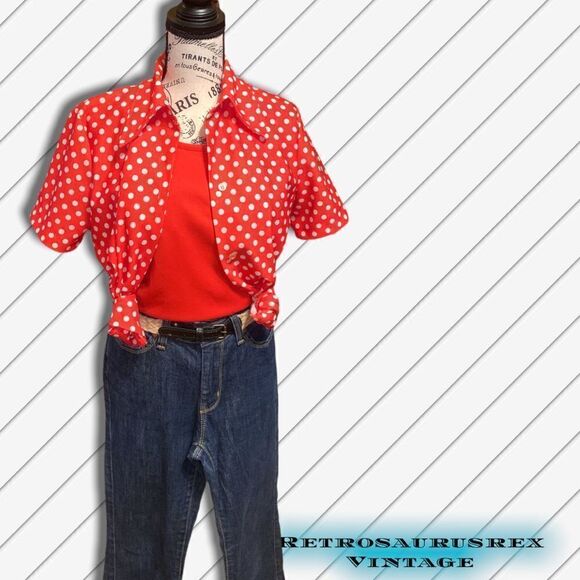 vintage 1970’s Red Tank & Polka Dot Button Up Shirt Set, XL - Picture 6 of 8